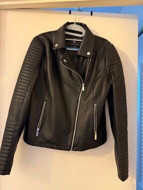 New York & Company Black Faux Leather Moto Jacket with Quilted Sleeves